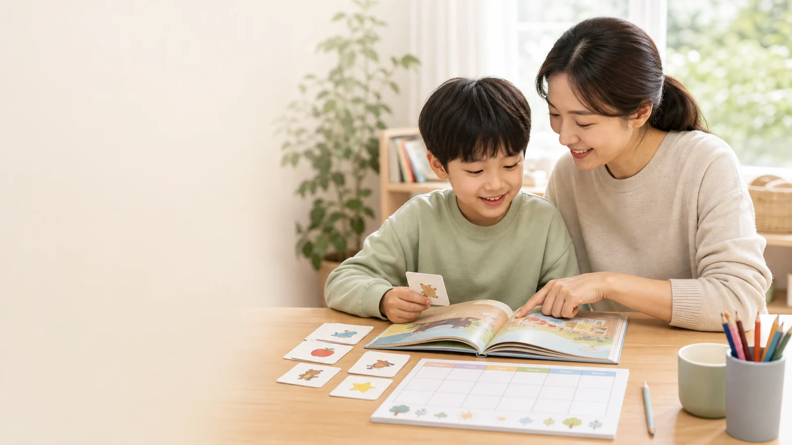 영어 그림책과 활동 카드를 보며 부담 없는 학습 선택을 하는 초등학생과 보호자