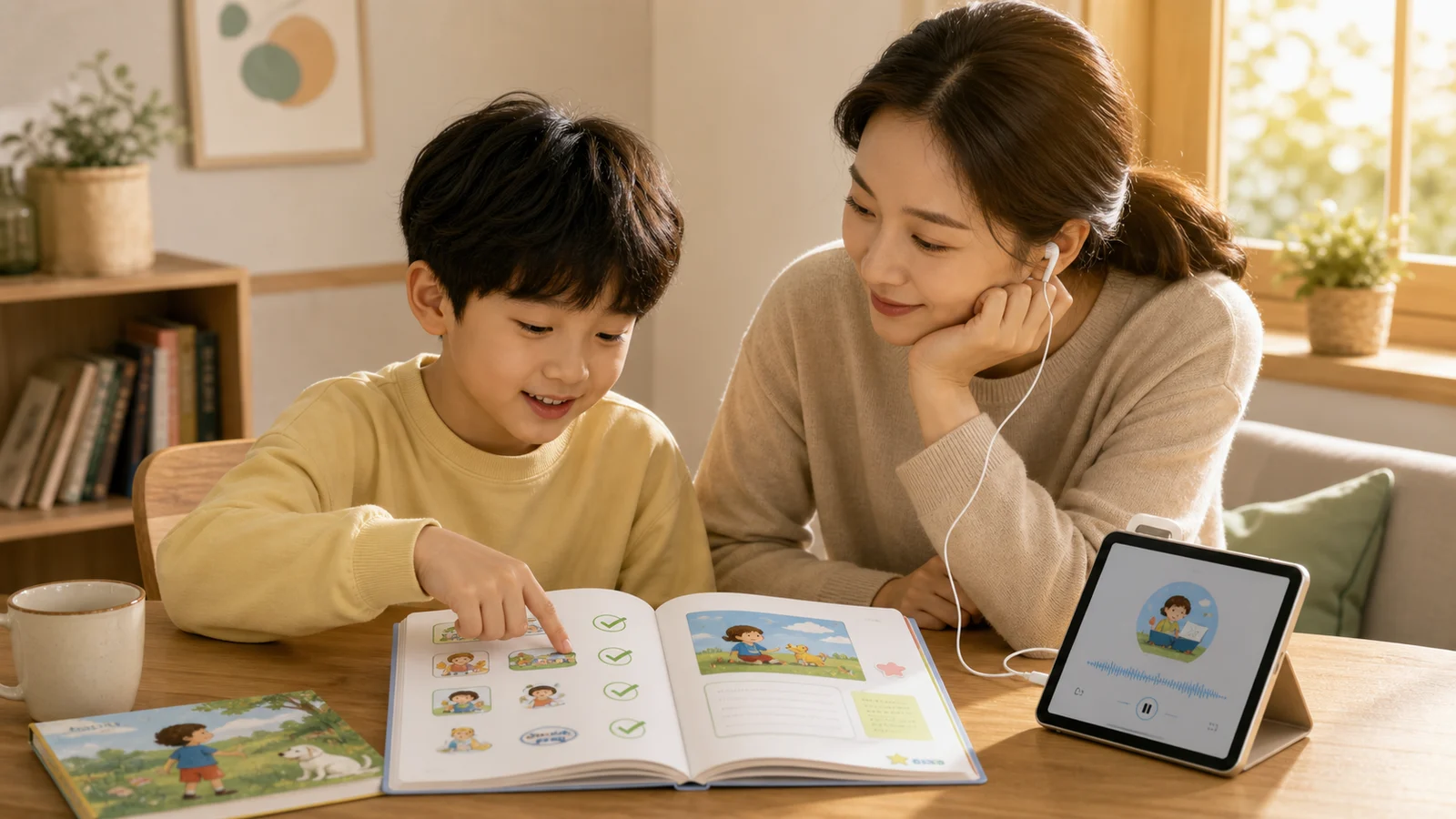 보호자와 아이가 활동 노트와 오디오를 보며 영어 수업 피드백을 살피는 장면