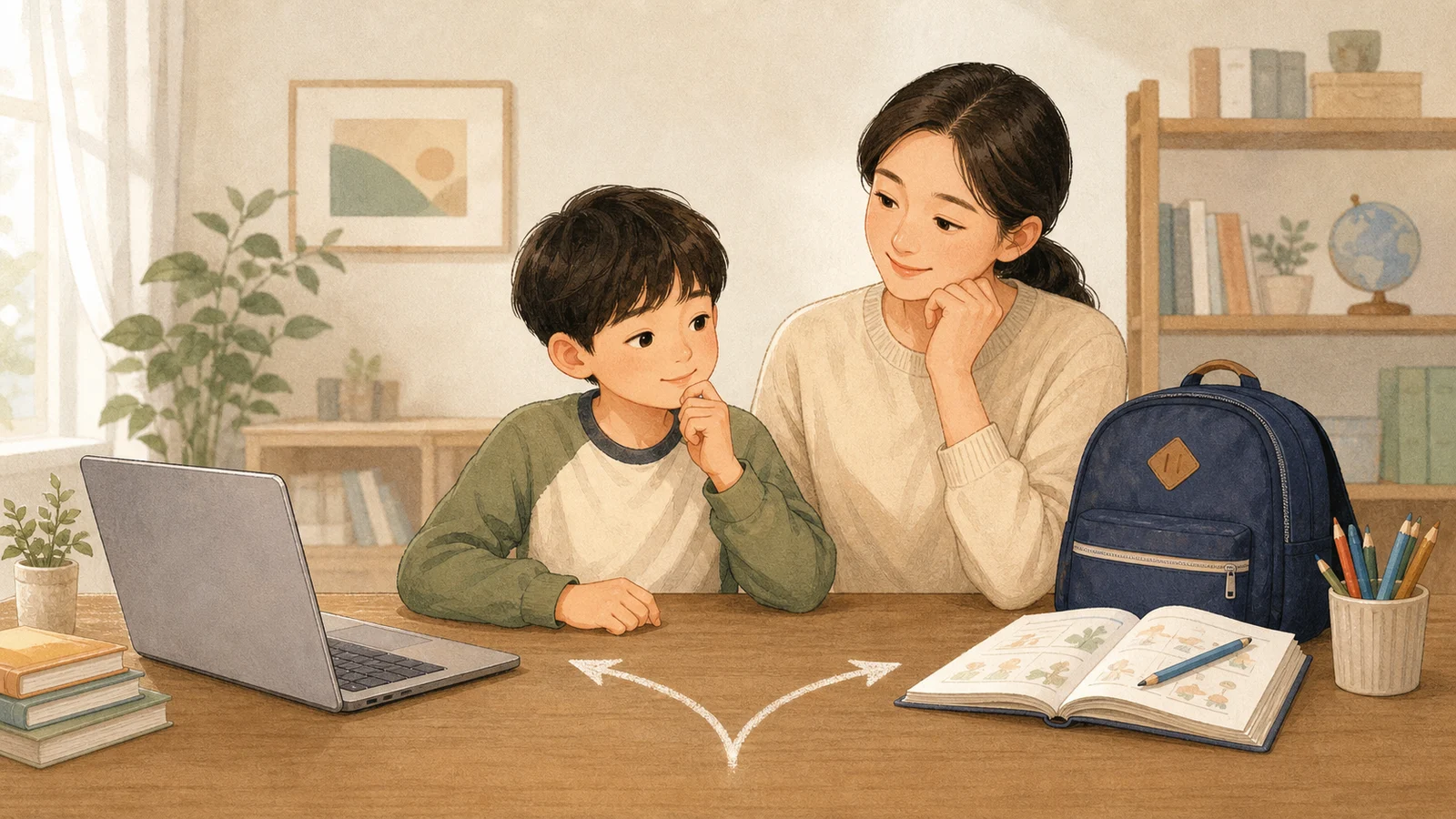 노트북과 학교 가방, 영어 그림책을 앞에 두고 수업 방식을 비교하는 보호자와 초등학생